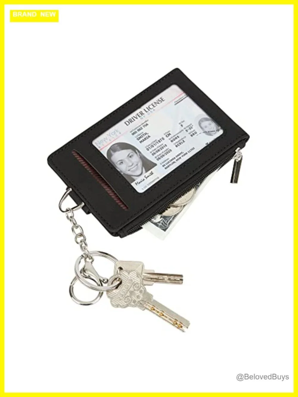 Slim Minimalist Front Pocket Wallet with Zipper, Keychain, 5 Card Slots, 2 ID